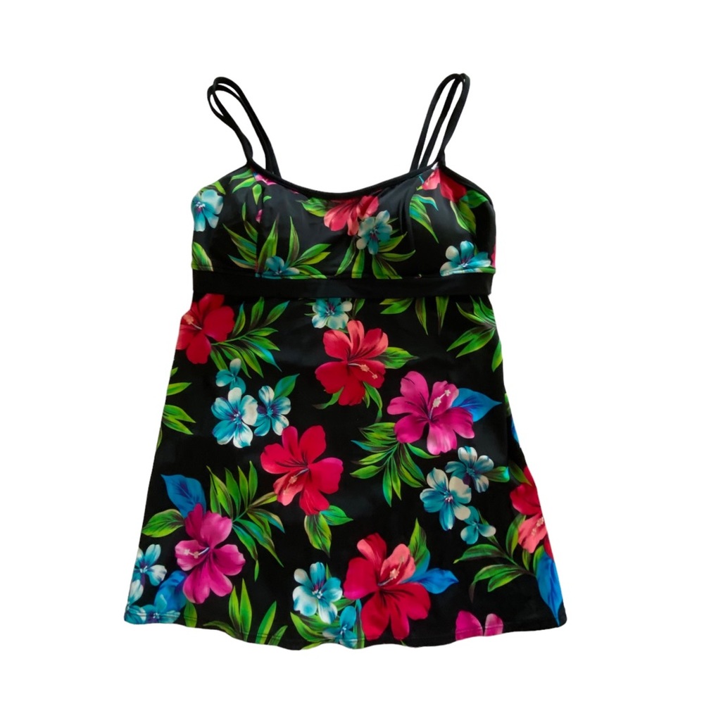 Mainstream Skirted One Piece Swim Suit Tropical Floral Print on Black, W…